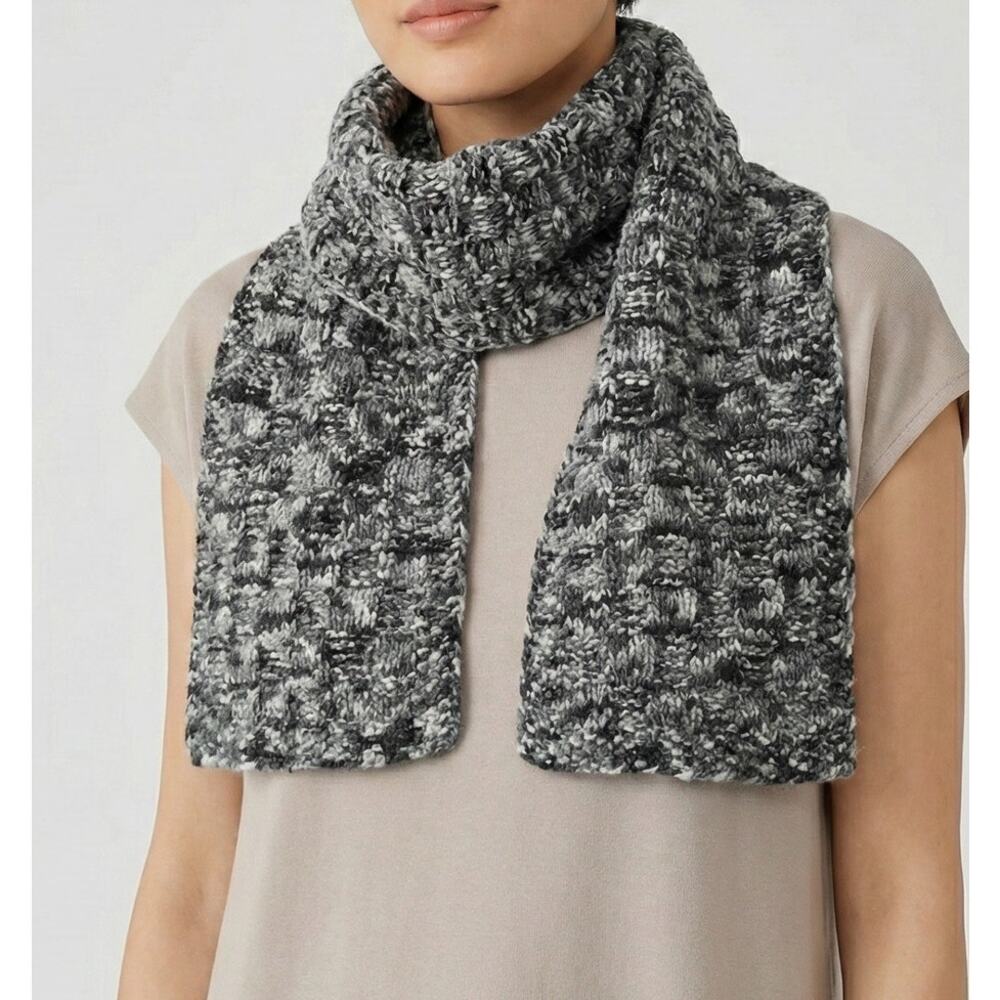 Handmade Knit Rectangle Scarf 8" x 52" Black Gray